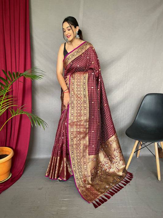 Kalindi Soft Silk Checks Woven Saree Brown