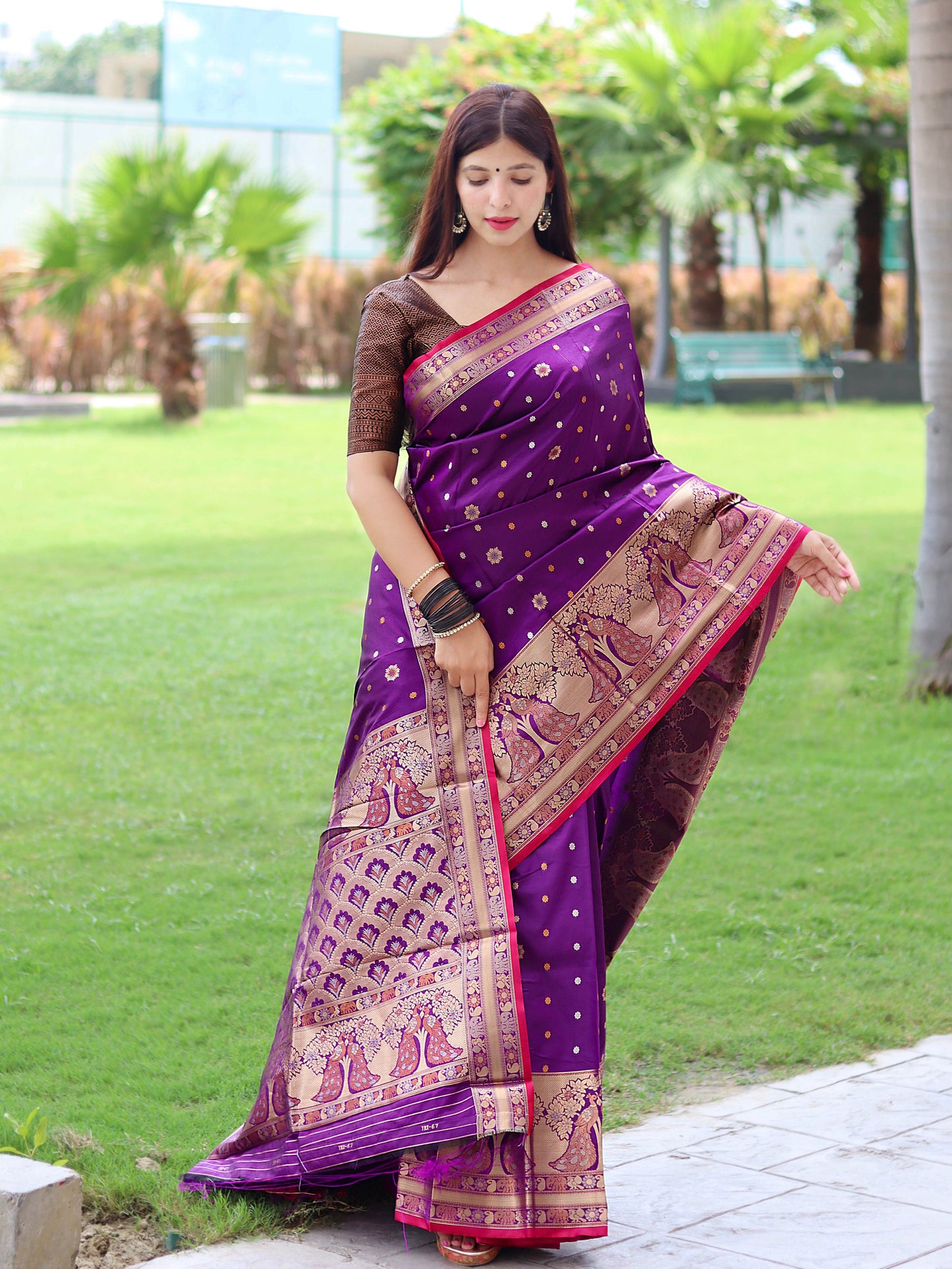 Sangam Soft Silk Saree Three Colored Zari Woven Saree Purple