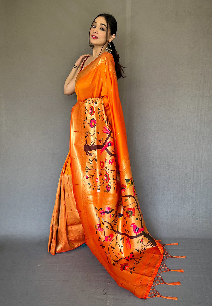 Banarasi Patola Silk body Tissue Net Orange color and Navy Blue Border Saree  – SareesZone