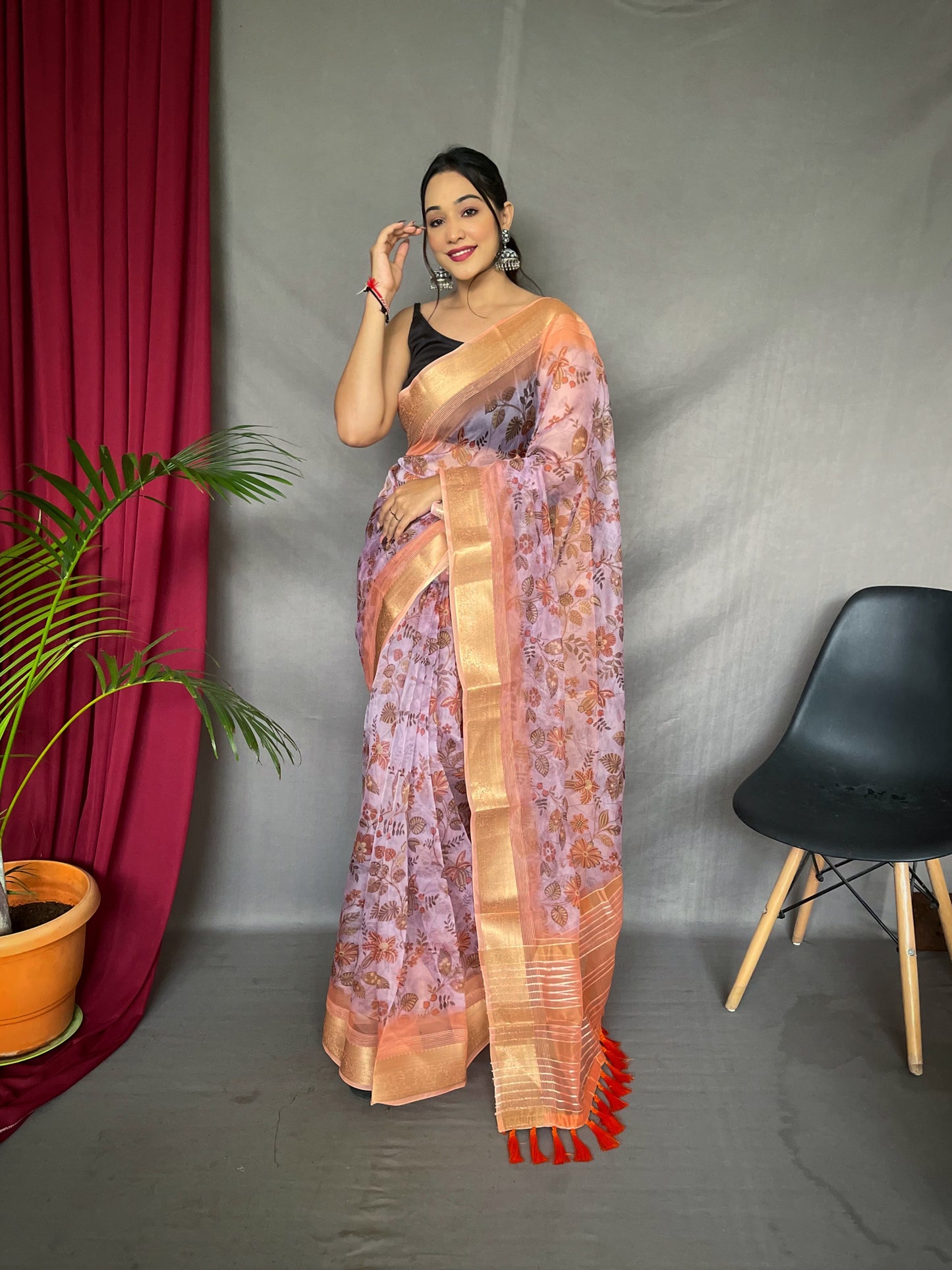 Organza Floral Printed with Sequins Jacquard Woven Saree Pinkish Purple