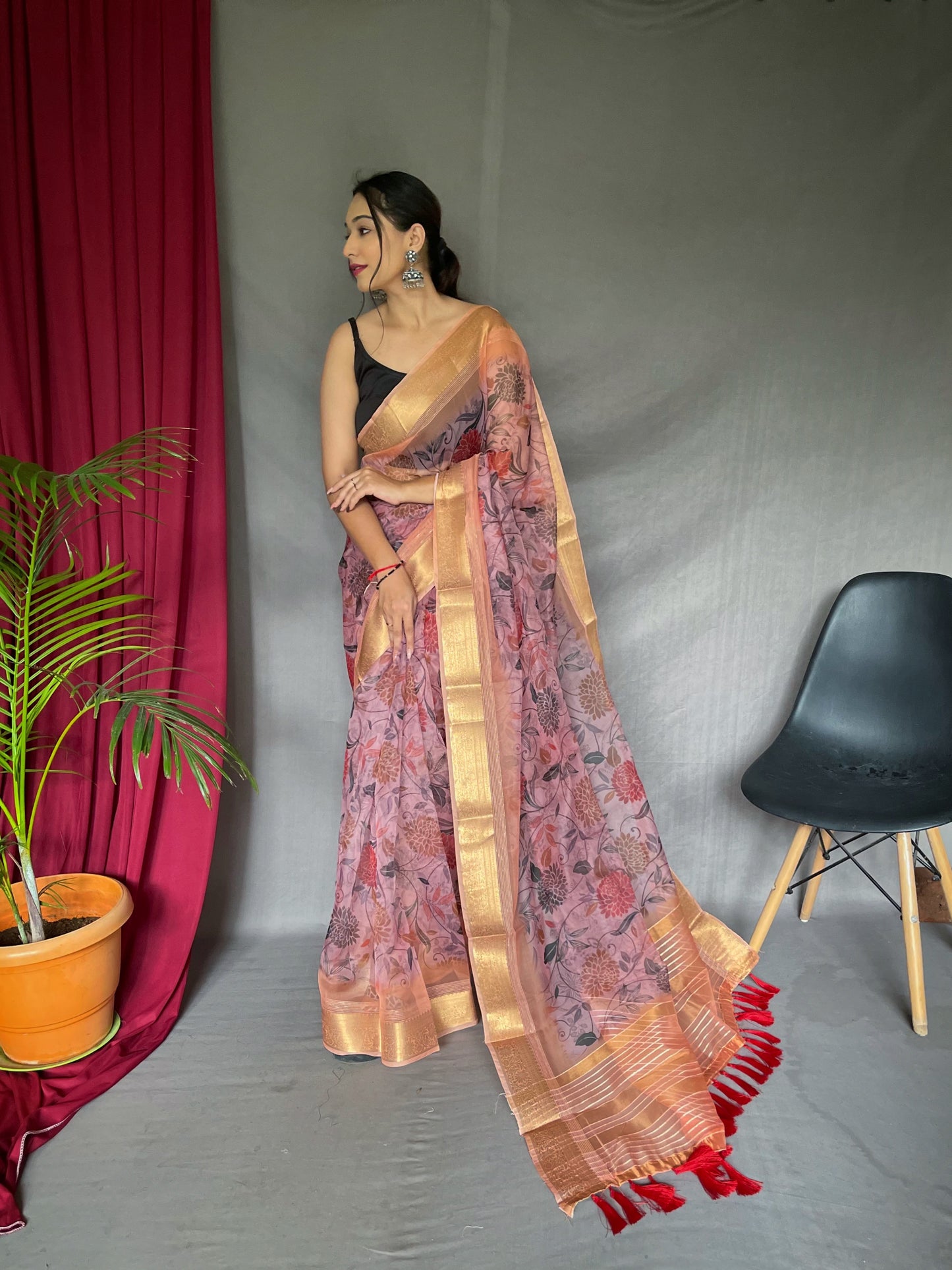 Organza Floral Printed with Sequins Jacquard Woven Saree Daisy Pink
