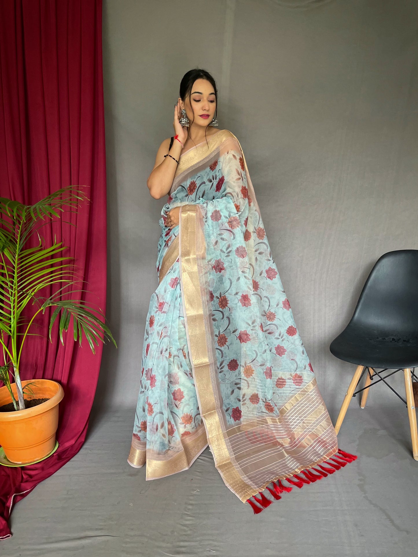 Organza Floral Printed with Sequins Jacquard Woven Saree Powder Blue