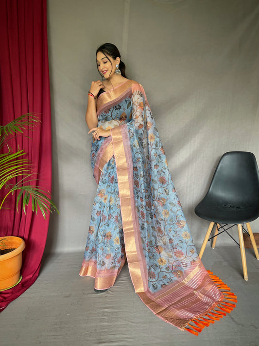 Organza Floral Printed with Sequins Jacquard Woven Saree Moonstone Blue