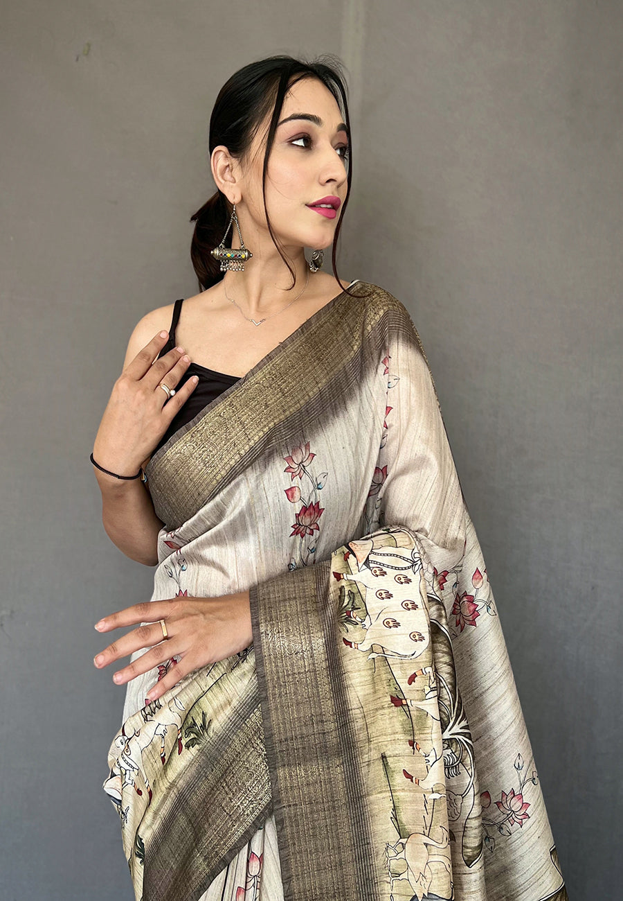 Carbon Grey Gopika Pichwai Tussar Silk Woven Saree