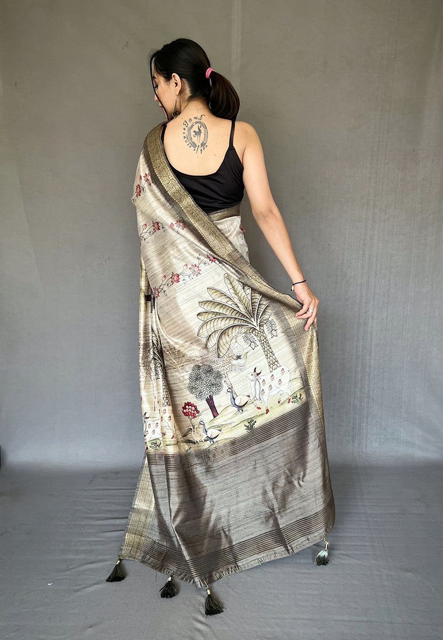 Carbon Grey Gopika Pichwai Tussar Silk Woven Saree