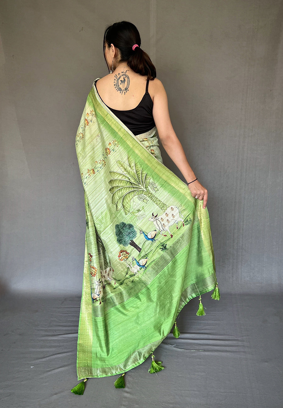 Pistachio Green Gopika Pichwai Tussar Silk Woven Saree