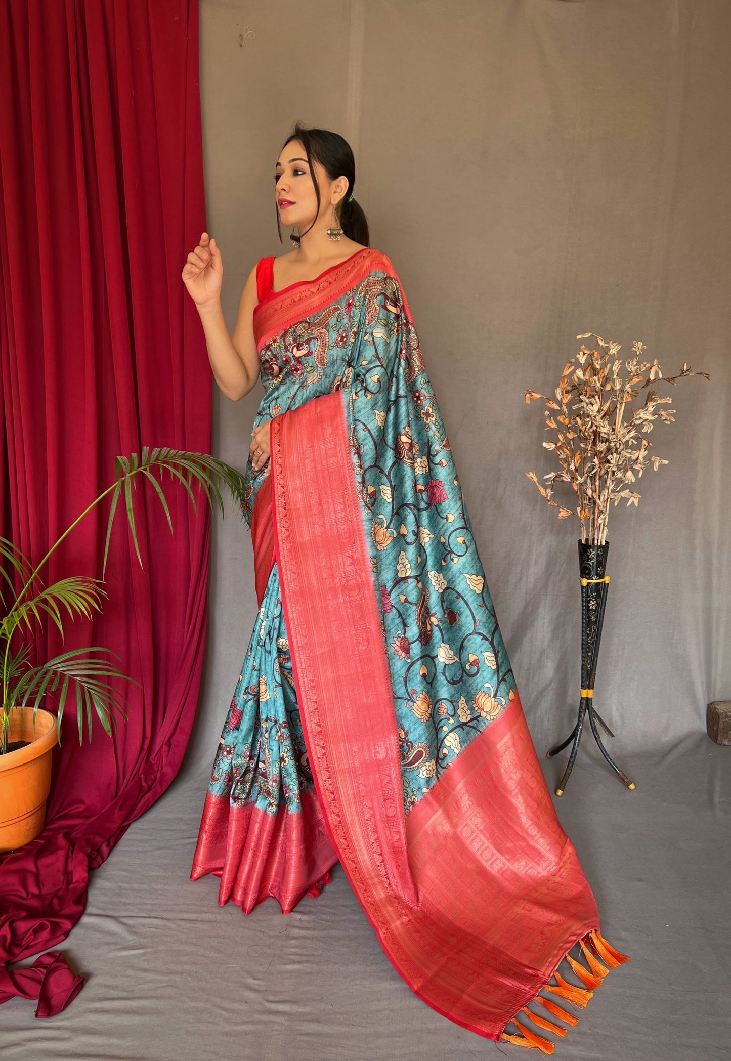 Manjulika Banarasi Silk Woven Saree with Kalamkari Prints Metallic Blue