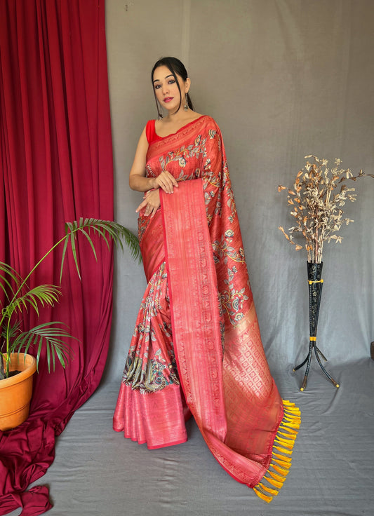 Manjulika Banarasi Silk Woven Saree with Kalamkari Prints Faded Red
