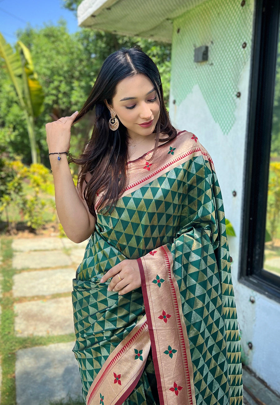 Dark Green Banarasi Paithani Silk Woven Saree