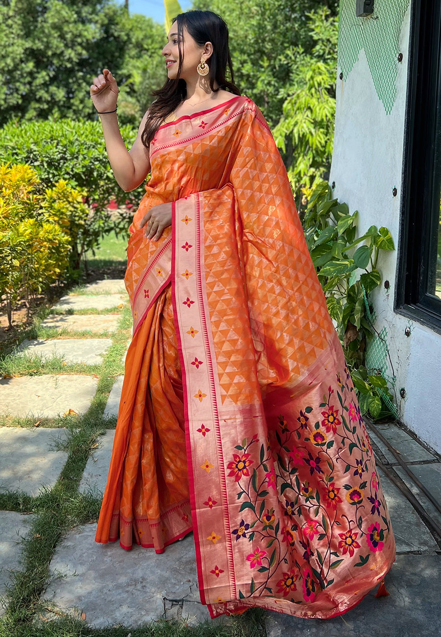 Orange Banarasi Paithani Silk Woven Saree