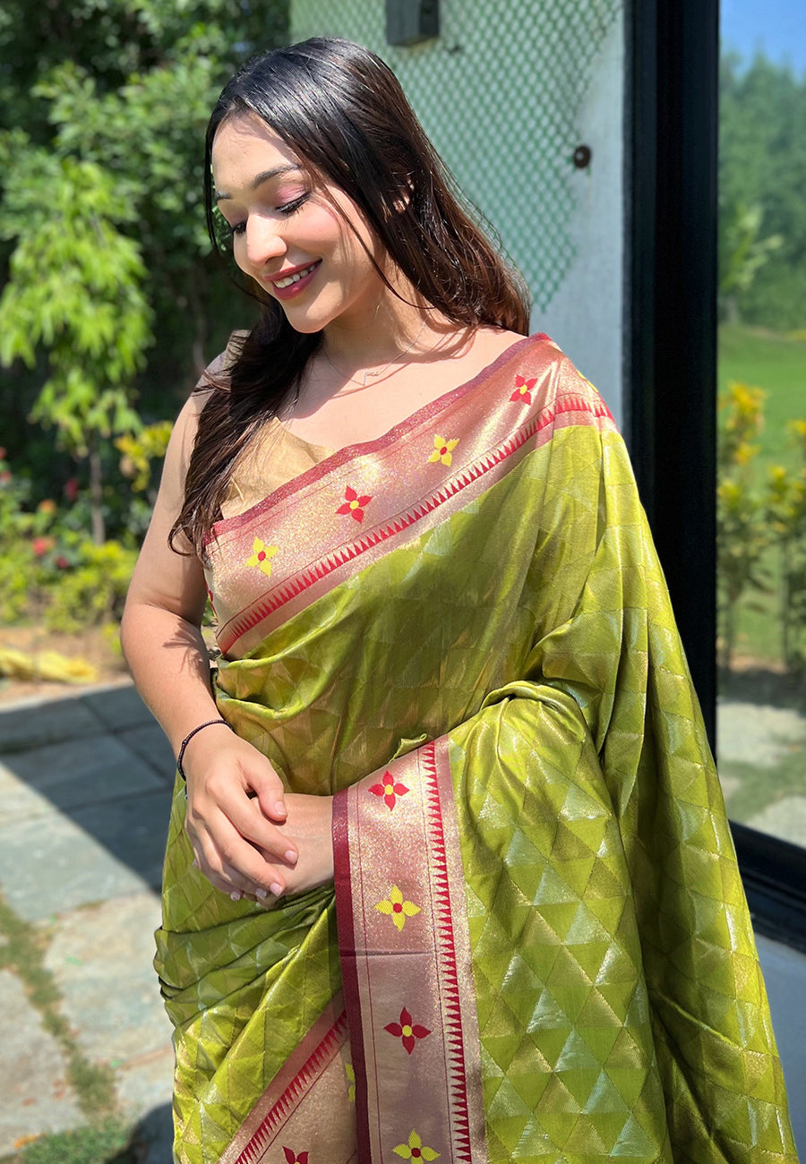 Light Olive Green Banarasi Paithani Silk Woven Saree