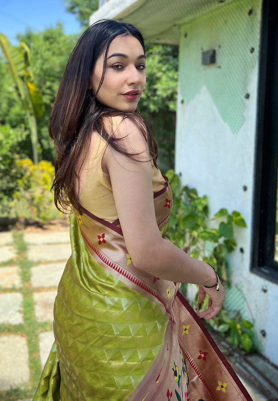 Light Olive Green Banarasi Paithani Silk Woven Saree