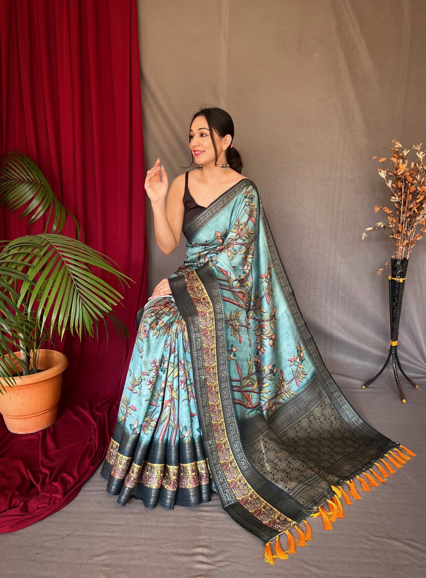 Chandrakala Banarasi Silk Contrast Woven Saree with Kalamkari Prints Cadet Blue