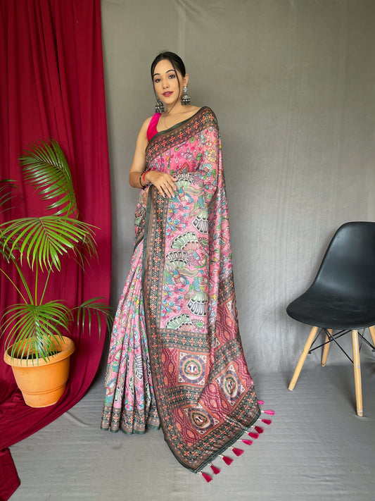 Cotton Bandhani Kalamkari Printed Saree Pink