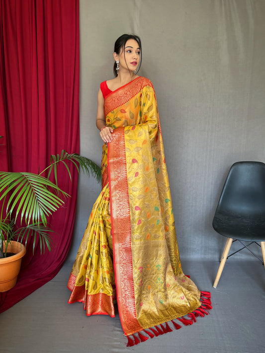 Kanjeevaram Tissue Silk Sitara Jaal Meenakari Woven Saree Orange Gold