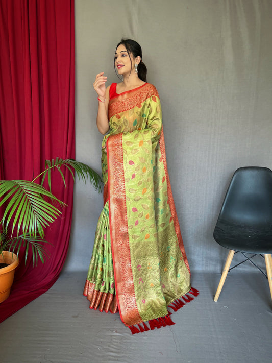 Kanjeevaram Tissue Silk Sitara Jaal Meenakari Woven Saree Green