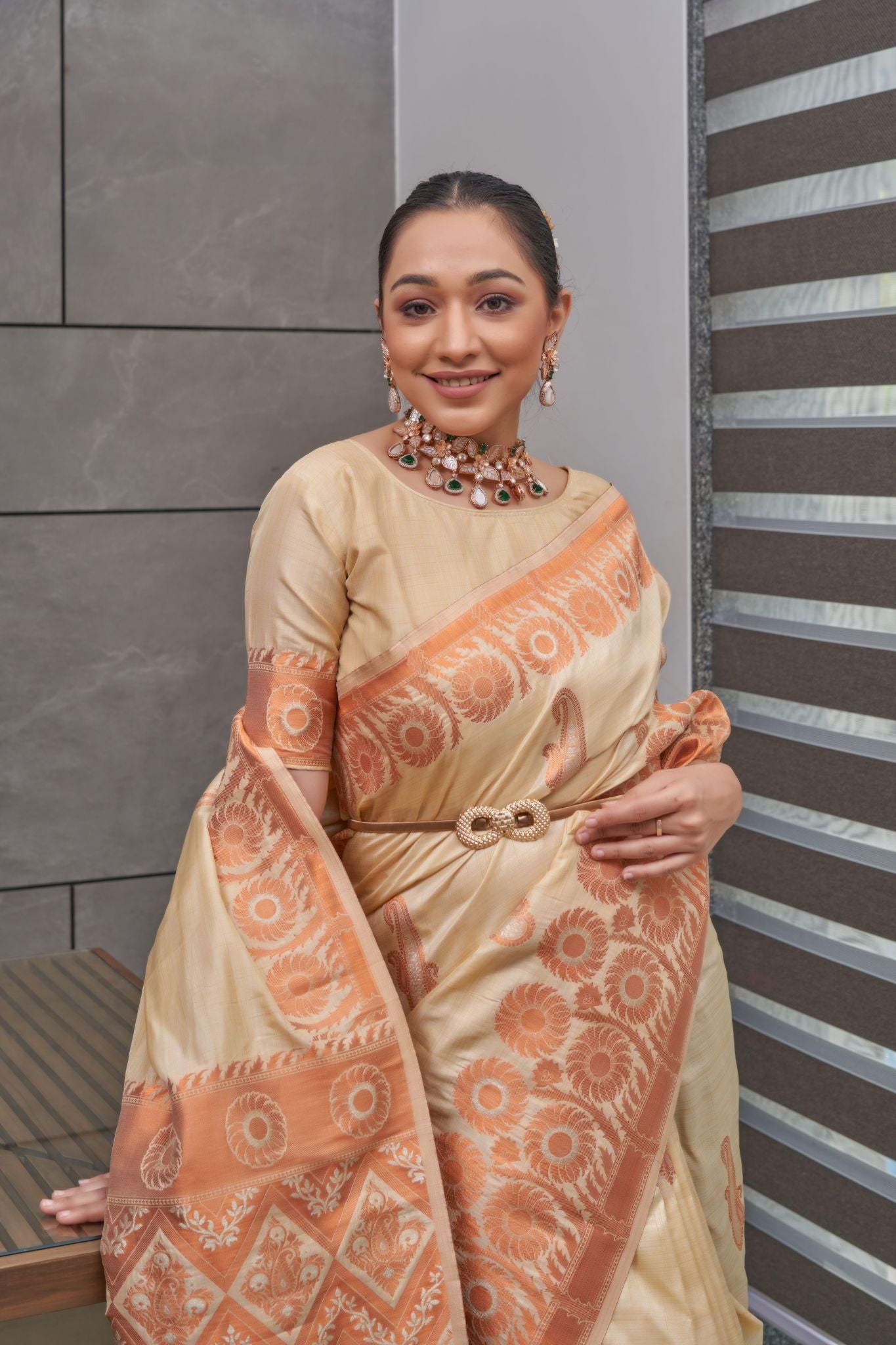 Ivory Cream Devika Tussar Silk Copper Zari Woven Saree