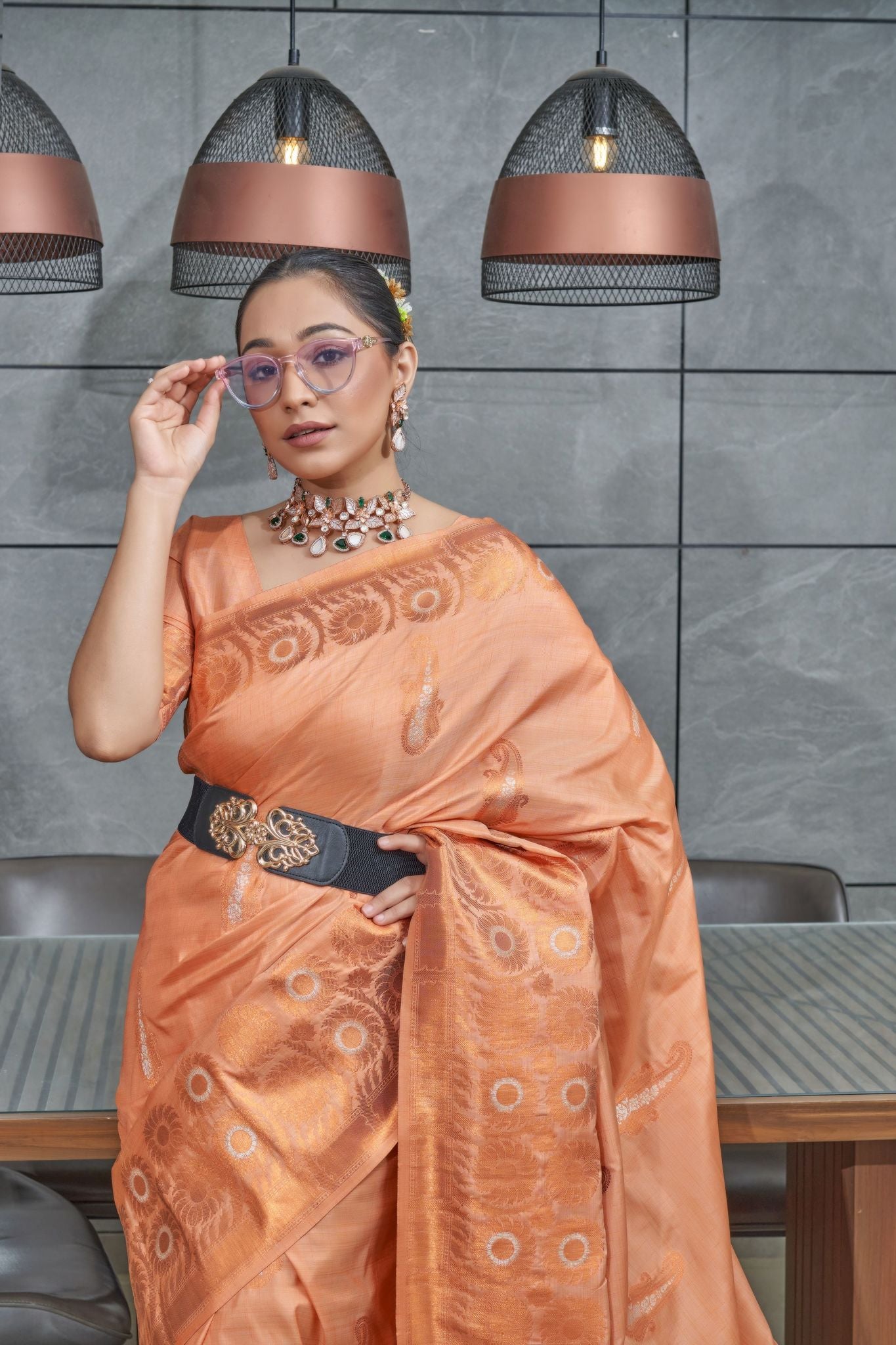 Peach Devika Tussar Silk Copper Zari Woven Saree