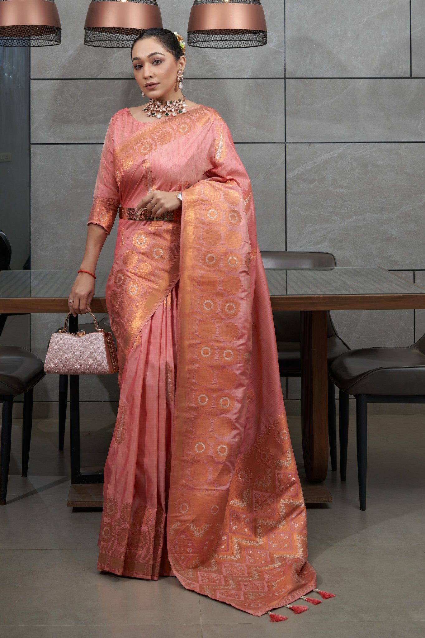Pink Devika Tussar Silk Copper Zari Woven Saree