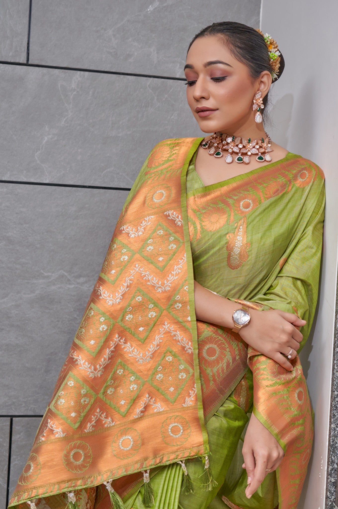 Green Devika Tussar Silk Copper Zari Woven Saree