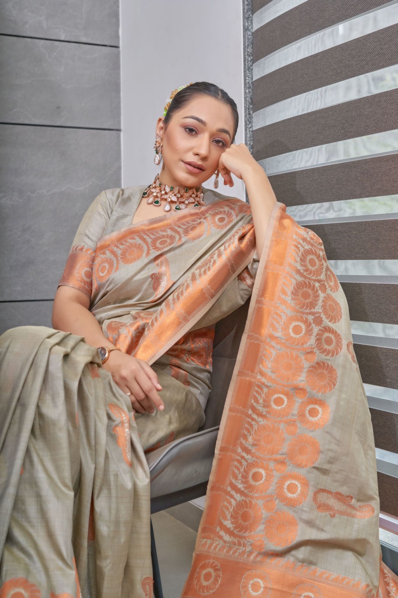 Grey Devika Tussar Silk Copper Zari Woven Saree