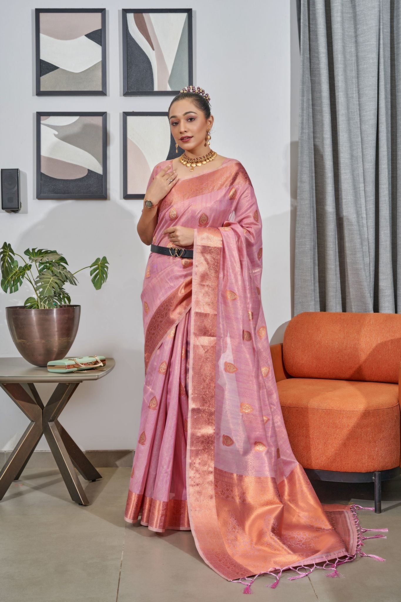 Pink Lakshmi Organza Tissue Silk Woven Saree