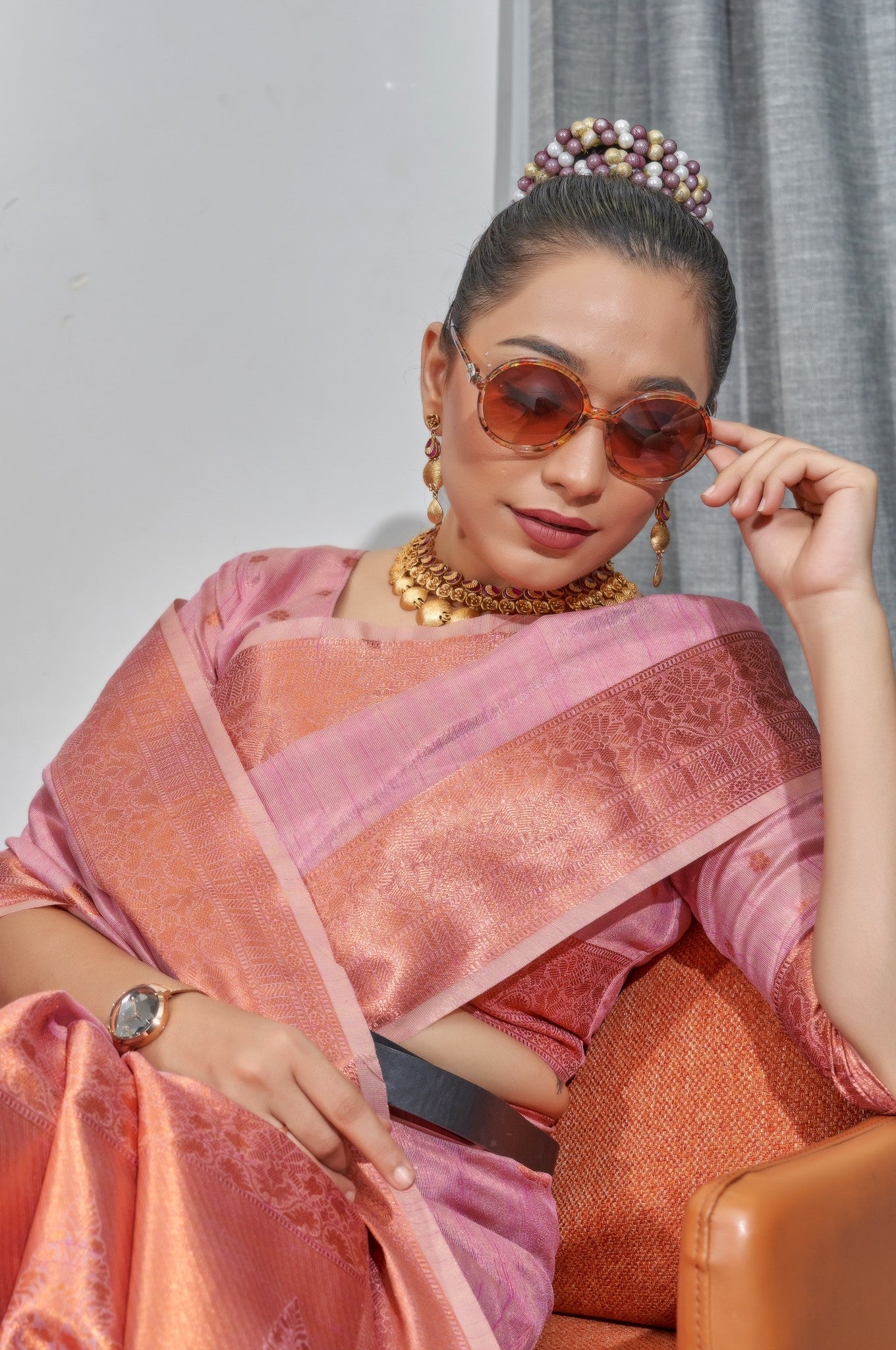 Pink Lakshmi Organza Tissue Silk Woven Saree