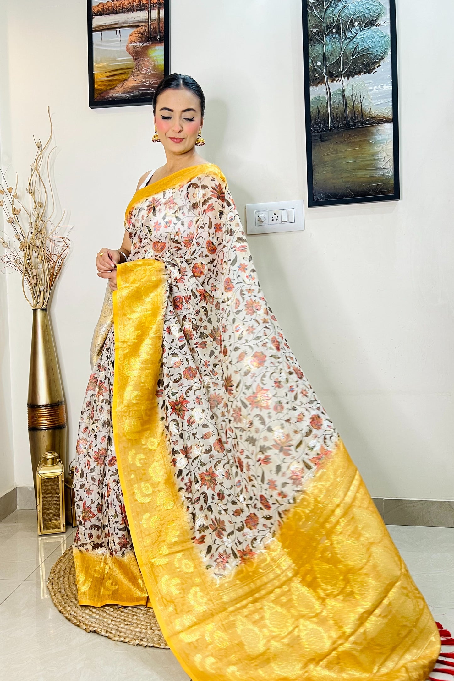 Banarasi Silk Floral Printed Contrast Woven Saree Mustard Yellow