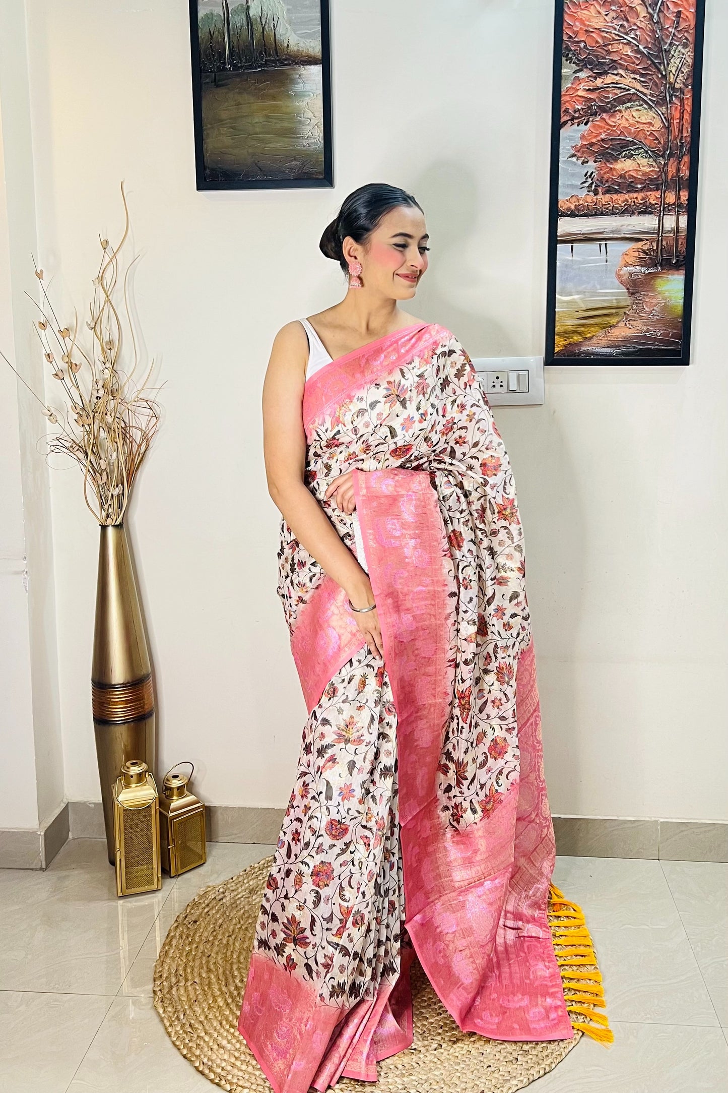 Banarasi Silk Floral Printed Contrast Woven Saree Pink