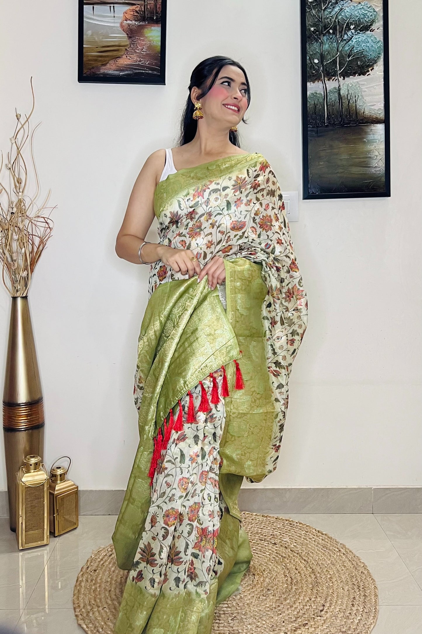 Banarasi Silk Floral Printed Contrast Woven Saree Pastel Green