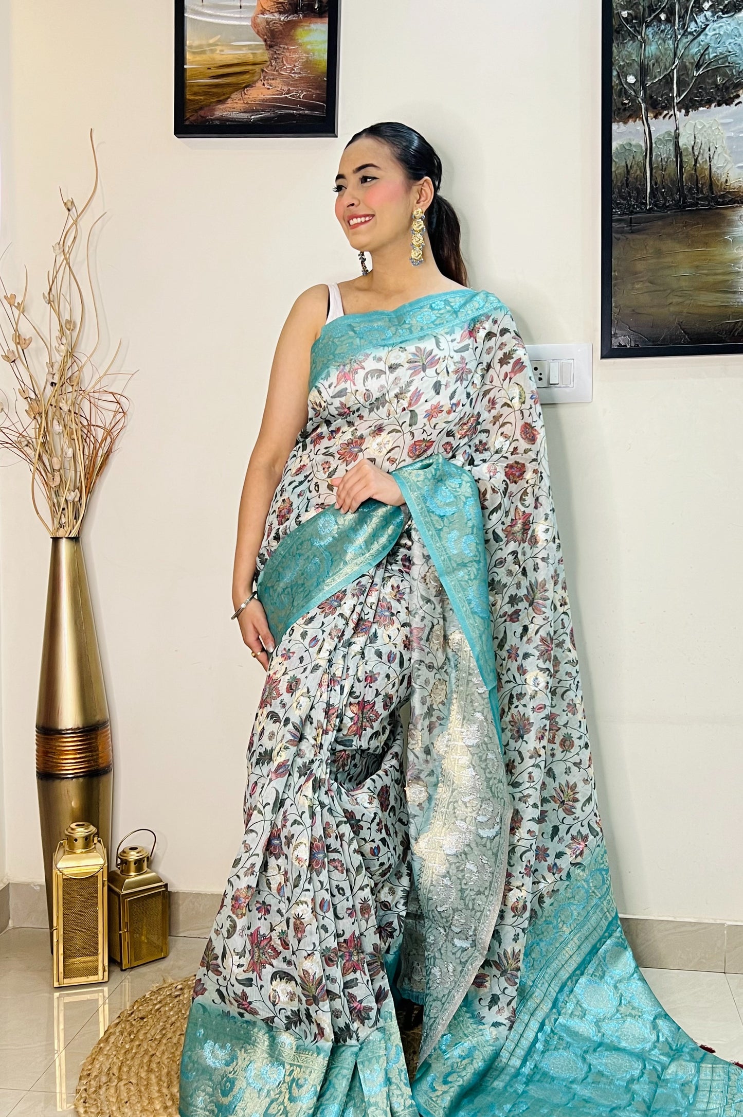 Banarasi Silk Floral Printed Contrast Woven Saree Powder Blue