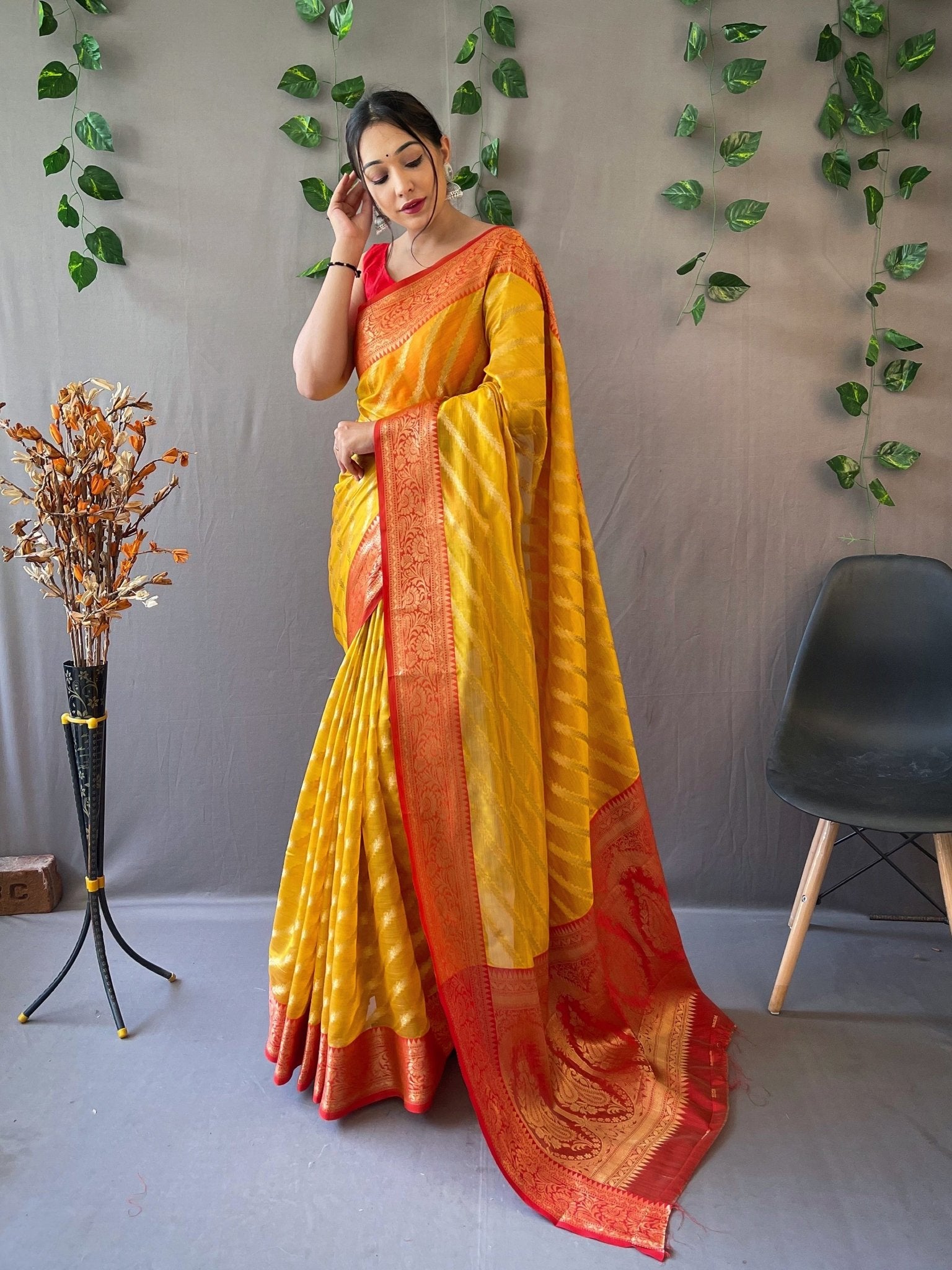 Organza Leheriya Contrast Woven Saree Orange Yellow - TASARIKA INDIA
