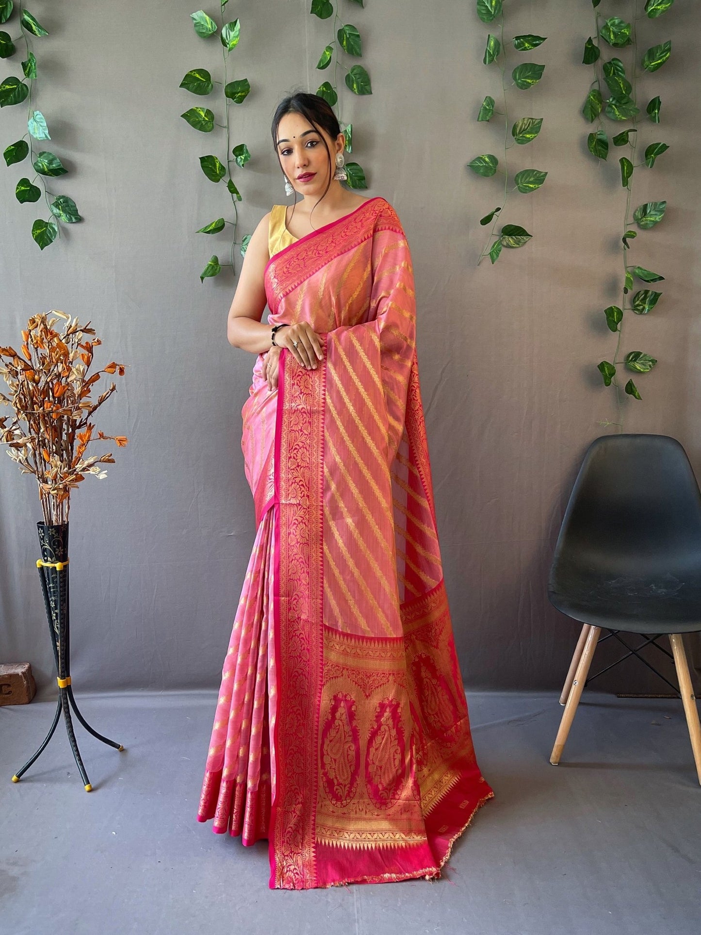 Organza Leheriya Contrast Woven Saree Rosy Pink - TASARIKA INDIA