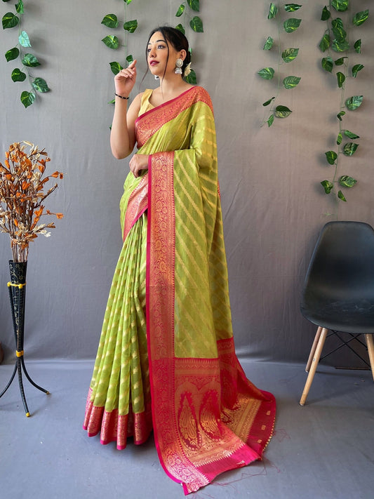 Organza Leheriya Contrast Woven Saree Trendy Green - TASARIKA INDIA