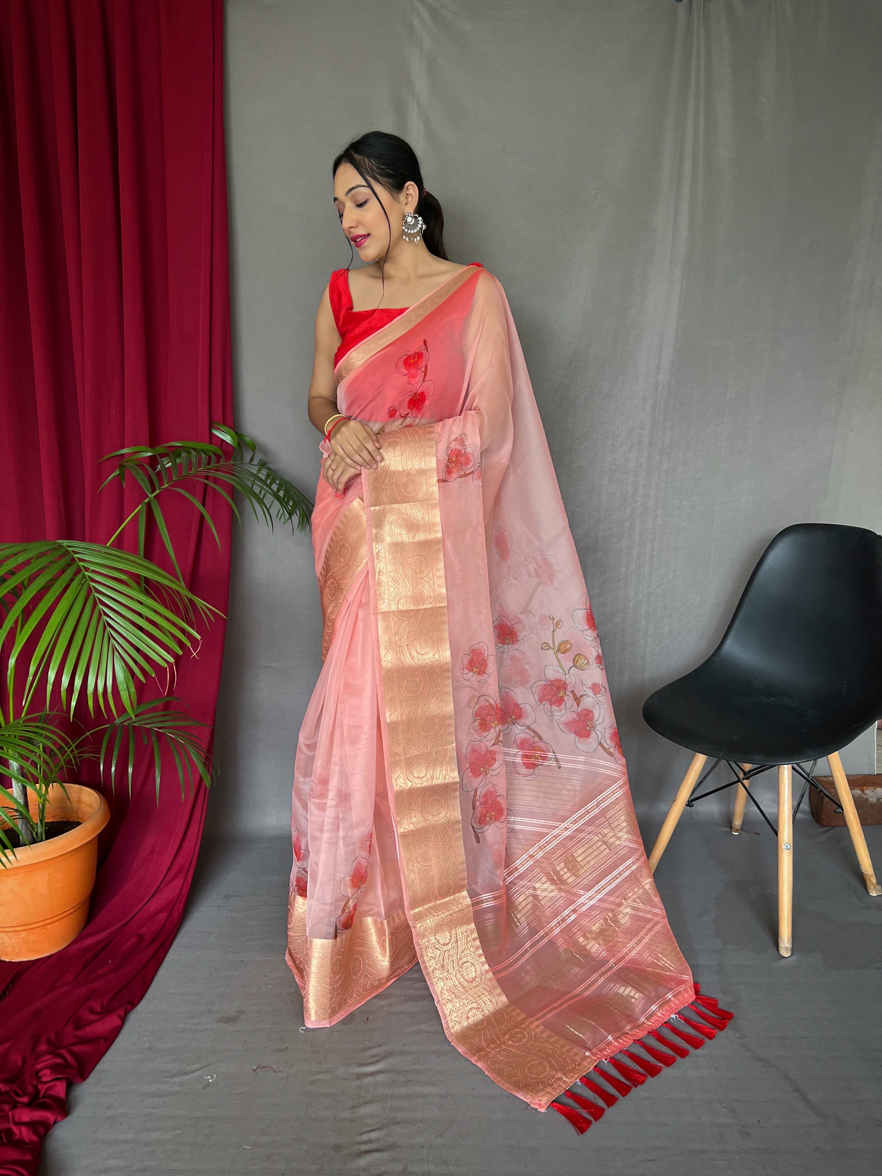 Buy MEETVIN COUTURE Printed, Self Design, Digital Print, Embroidered, Floral  Print, Solid/Plain Daily Wear Georgette, Chiffon Orange Sarees Online @  Best Price In India | Flipkart.com