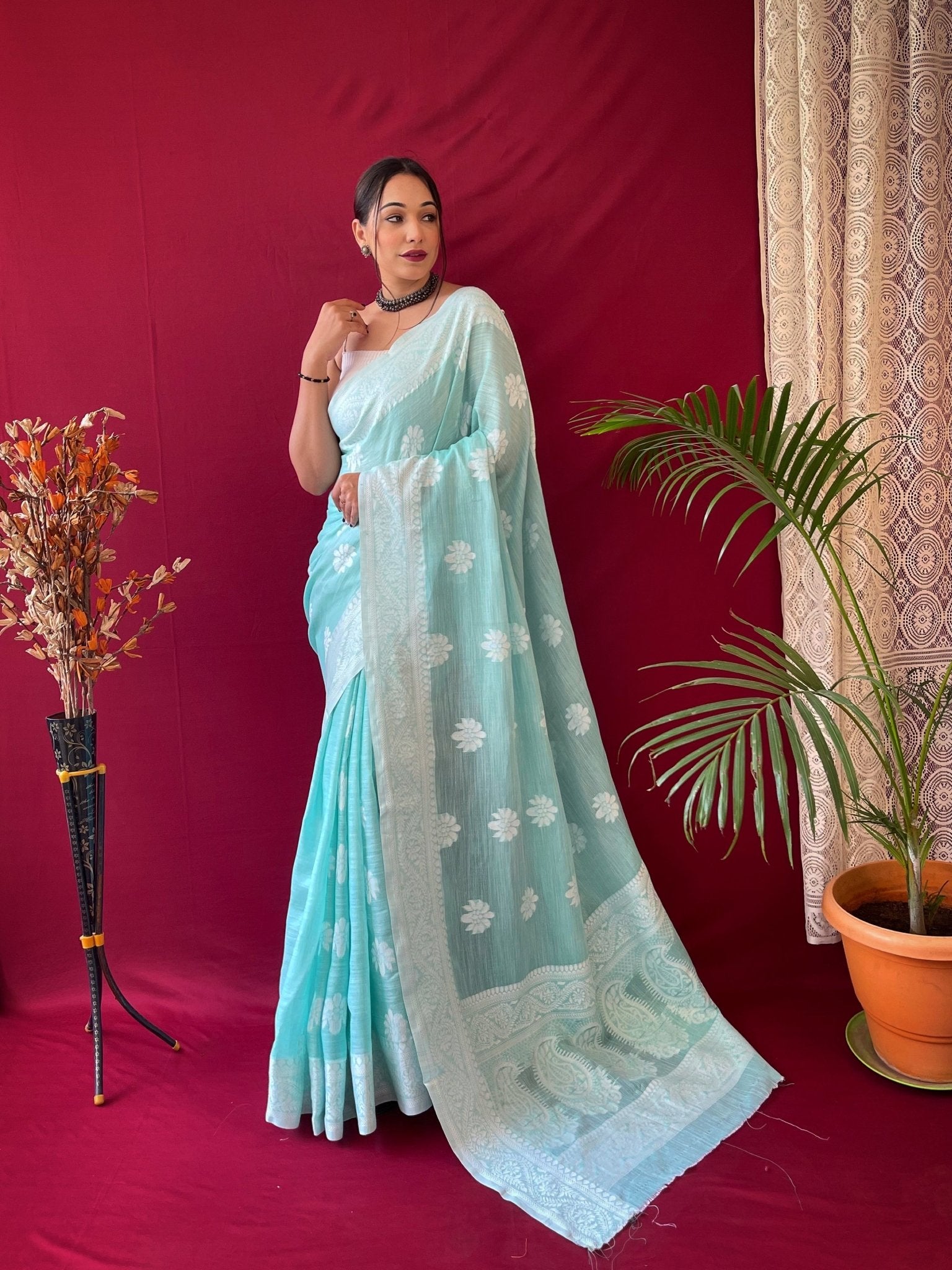 Pure Linen Lucknowi Woven Saree Cyan Blue - TASARIKA INDIA