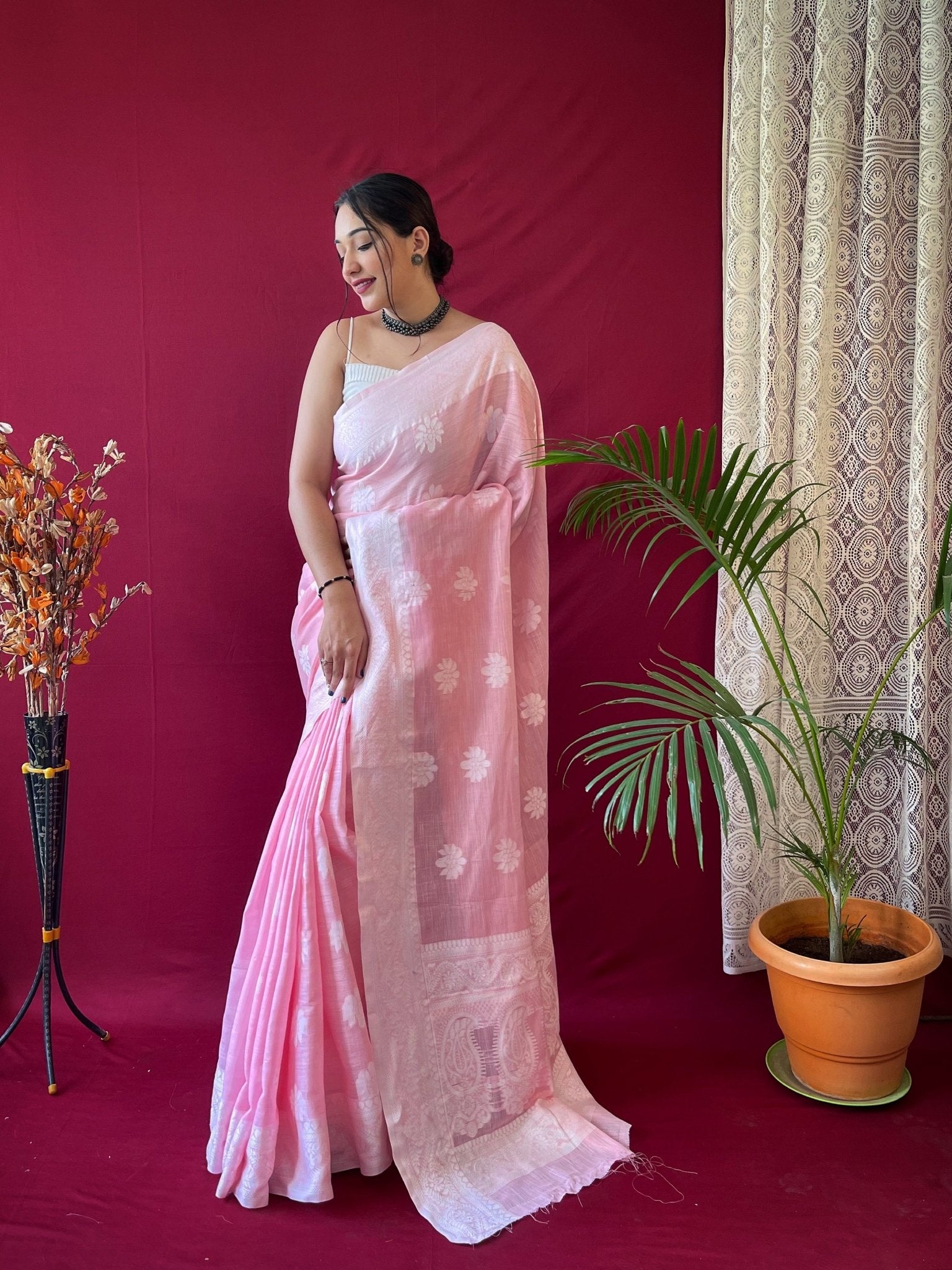 Pure Linen Lucknowi Woven Saree Pink - TASARIKA INDIA