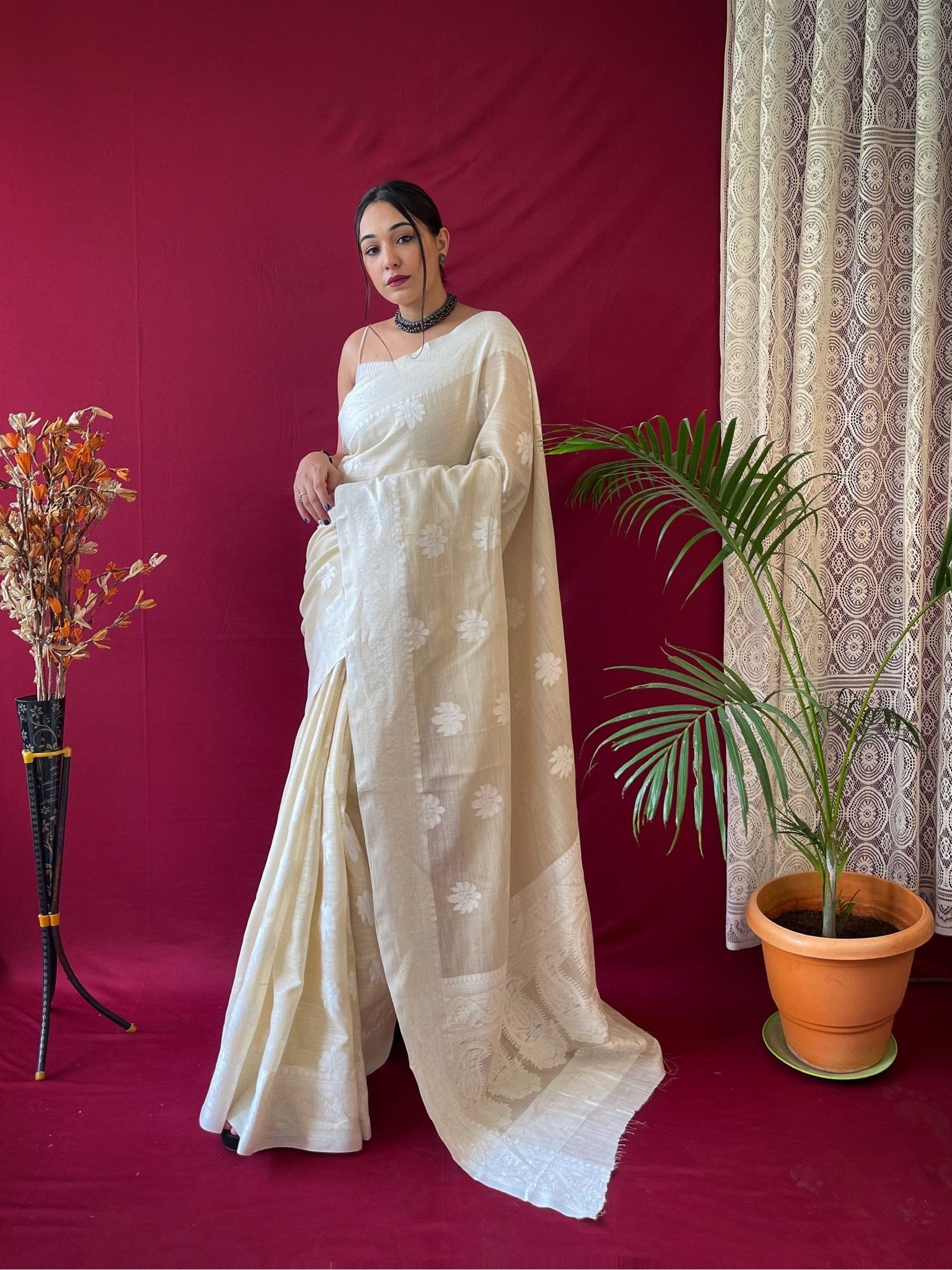 Pure Linen Lucknowi Woven Saree Satyr Brown - TASARIKA INDIA