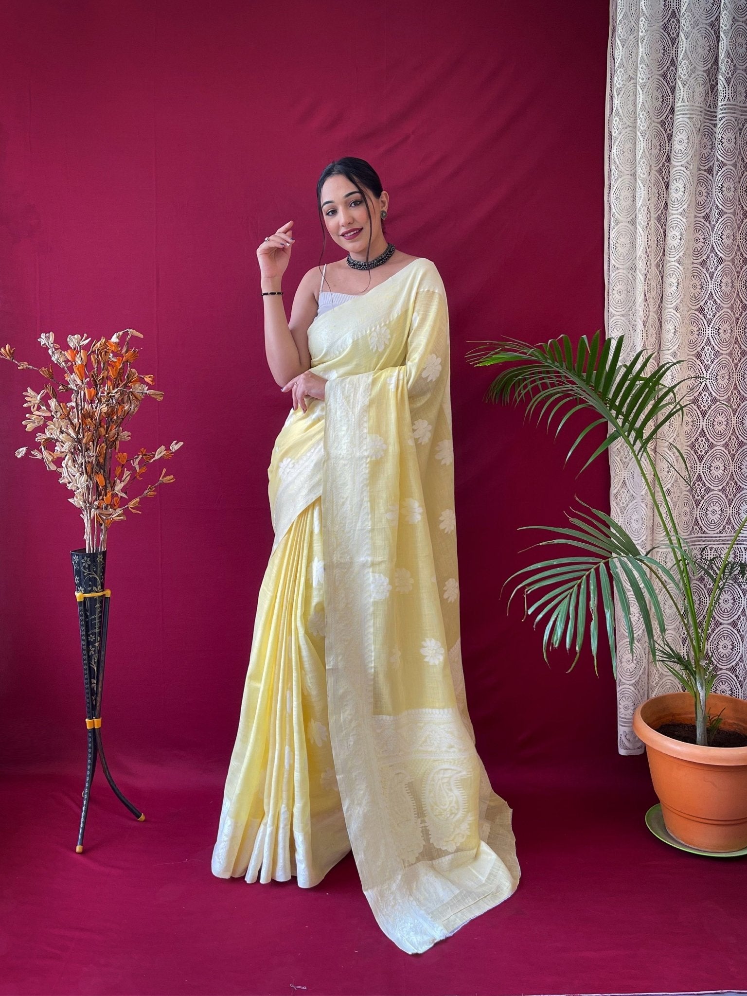 Pure Linen Lucknowi Woven Saree Yellow - TASARIKA INDIA