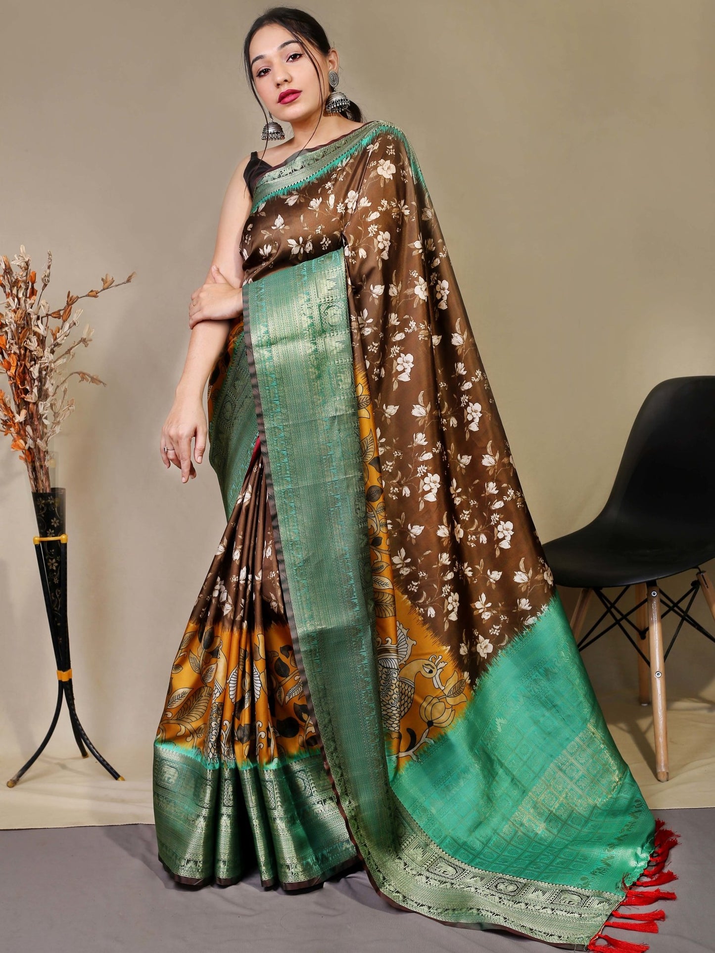 Pure Soft Silk Floral Kalamkari Printed Woven Mehendi Brown - TASARIKA INDIA
