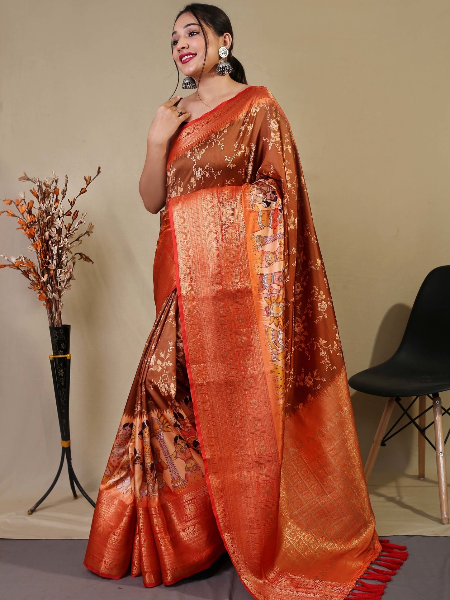 Pure Soft Silk Floral Kalamkari Printed Woven Saree Brown - TASARIKA INDIA