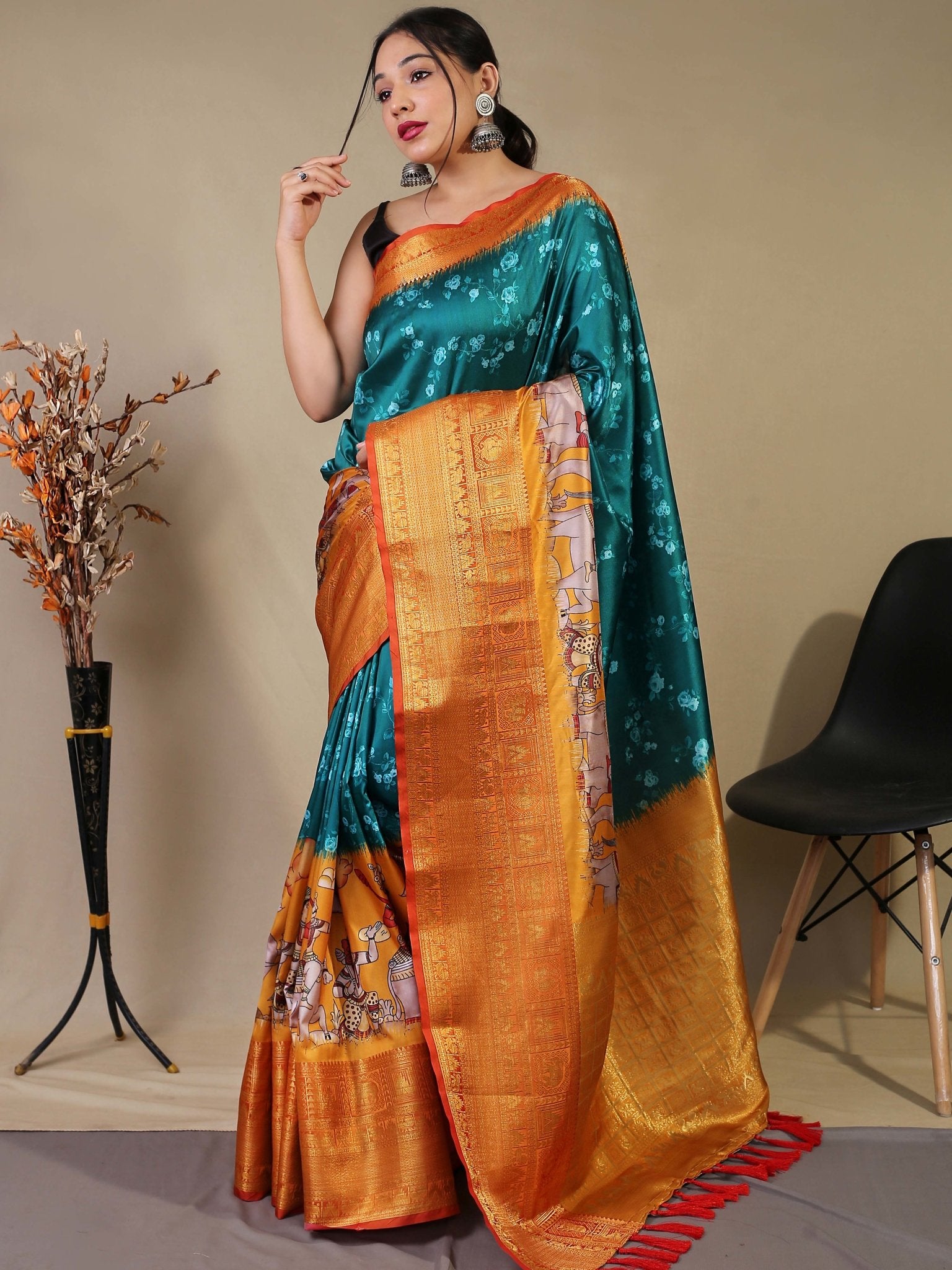 Pure Soft Silk Floral Kalamkari Printed Woven Saree Dark Aqua - TASARIKA INDIA