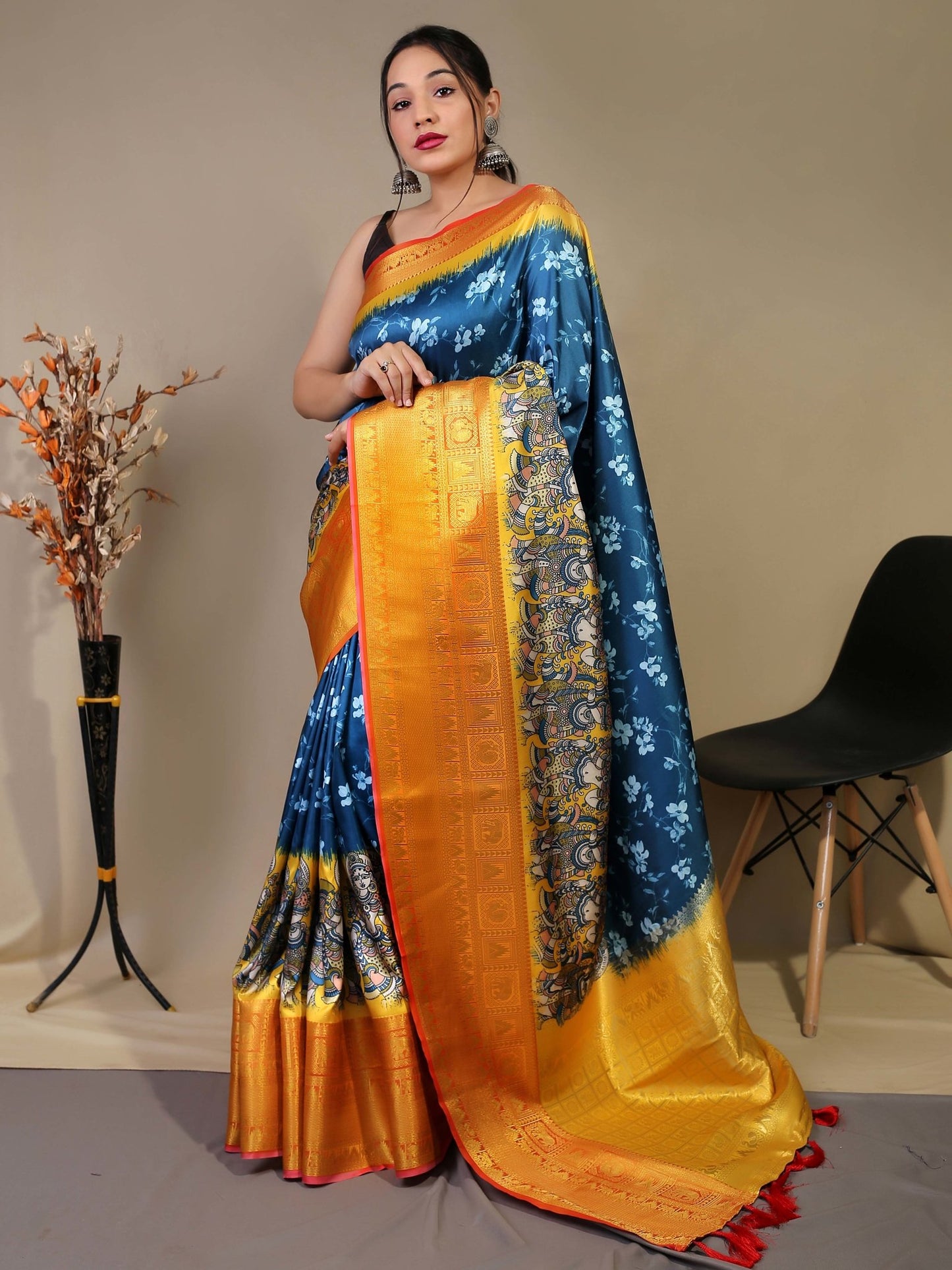 Pure Soft Silk Floral Kalamkari Printed Woven Saree Dark Blue - TASARIKA INDIA