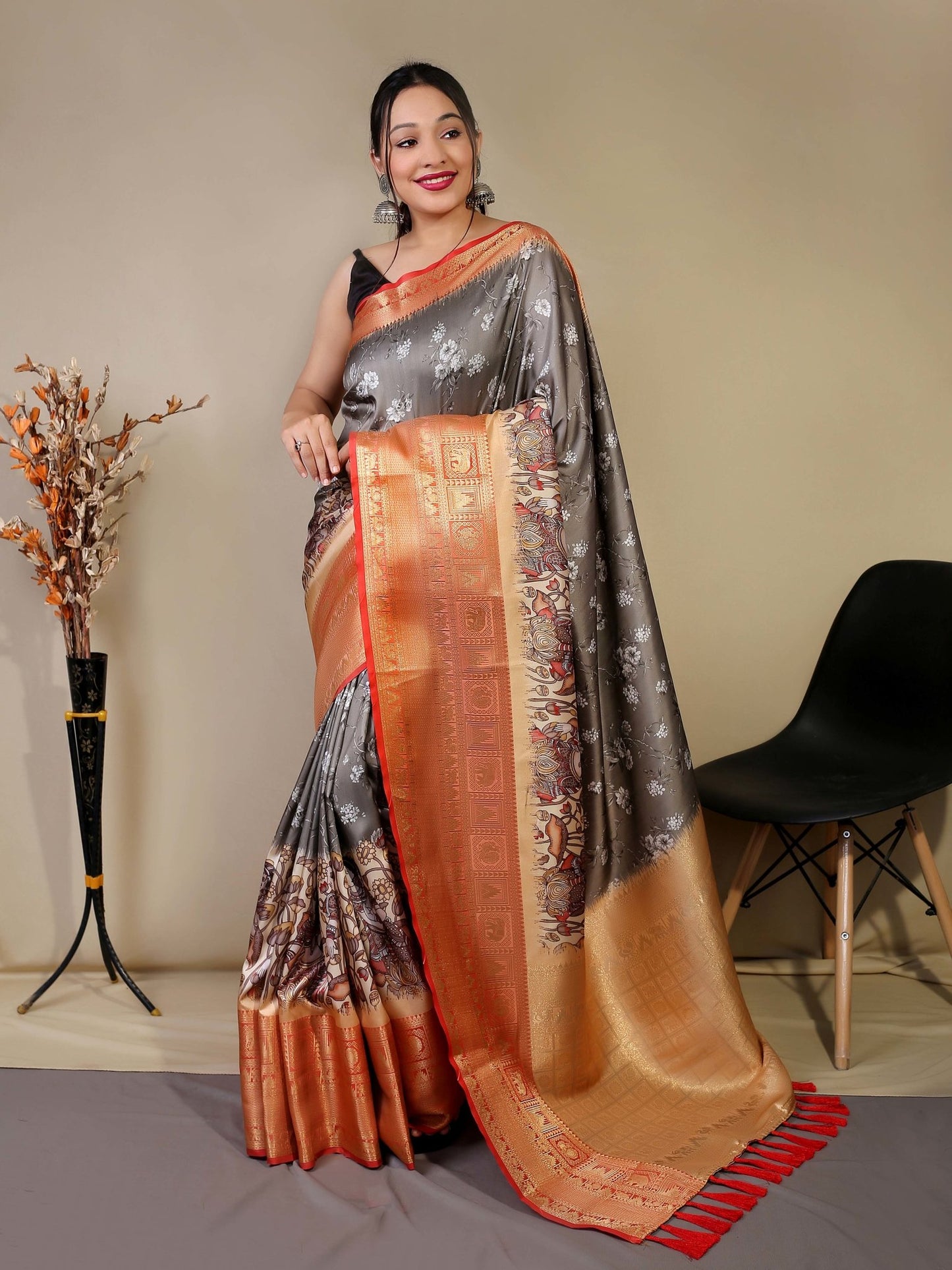 Pure Soft Silk Floral Kalamkari Printed Woven Saree Grey - TASARIKA INDIA