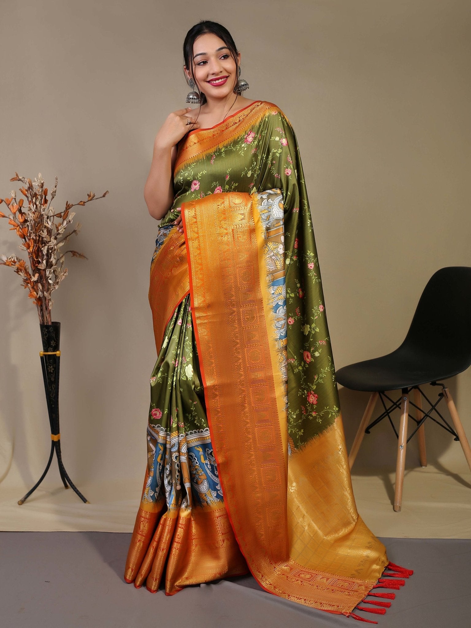Pure Soft Silk Floral Kalamkari Printed Woven Saree Military Green - TASARIKA INDIA