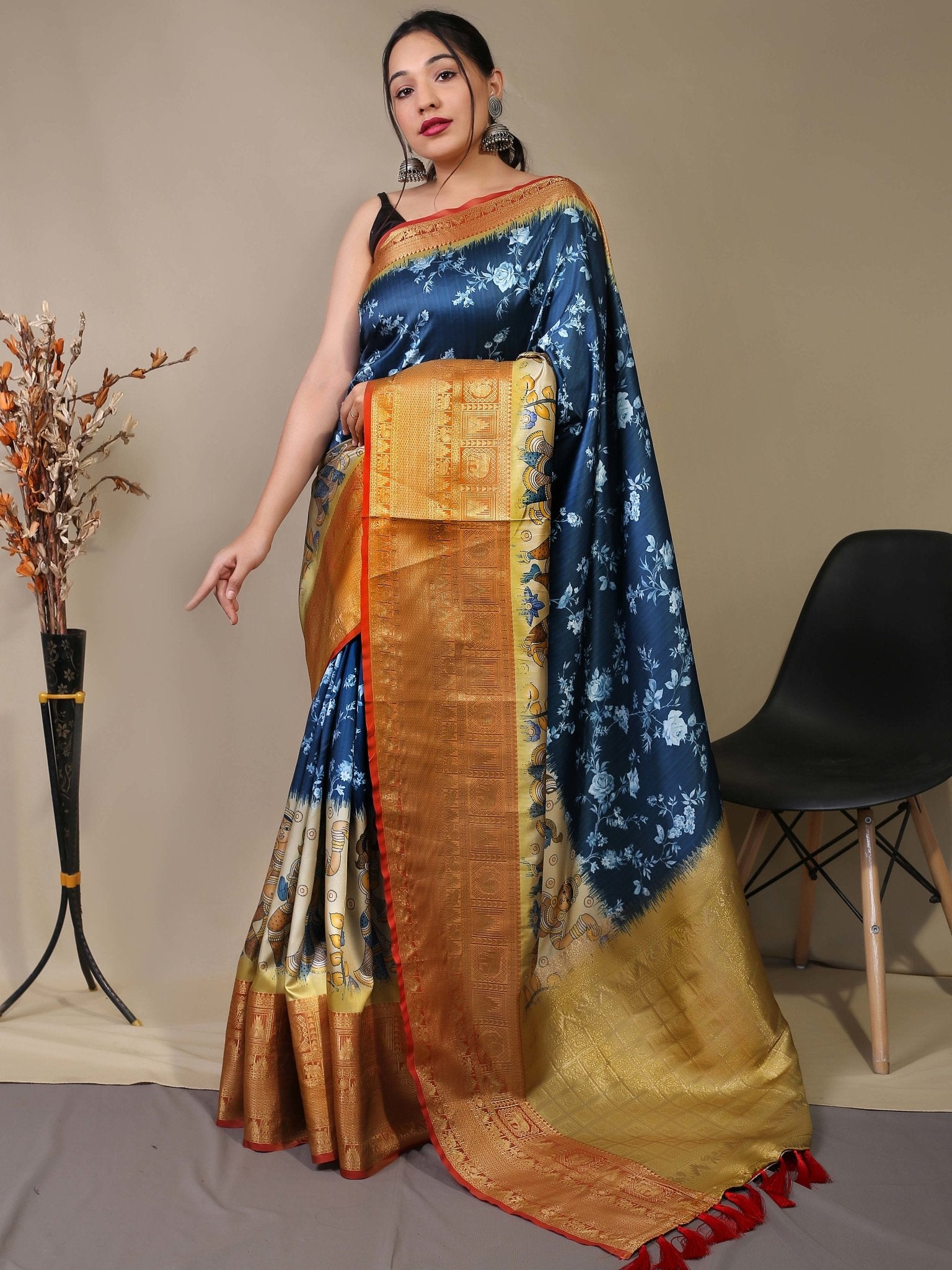 Pure Soft Silk Floral Kalamkari Printed Woven Saree Navy Blue - TASARIKA INDIA