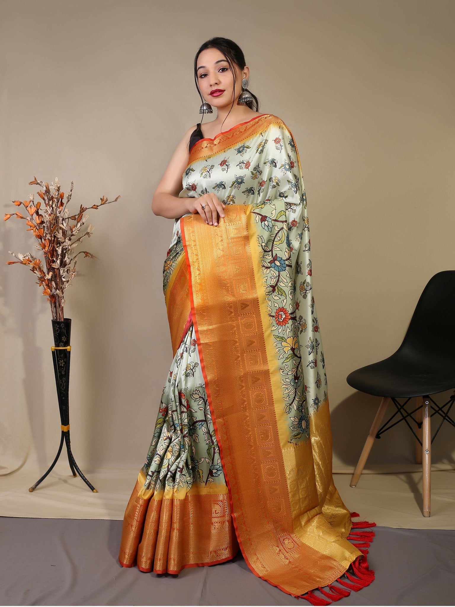 Pure Soft Silk Floral Kalamkari Printed Woven Saree Off White - TASARIKA INDIA