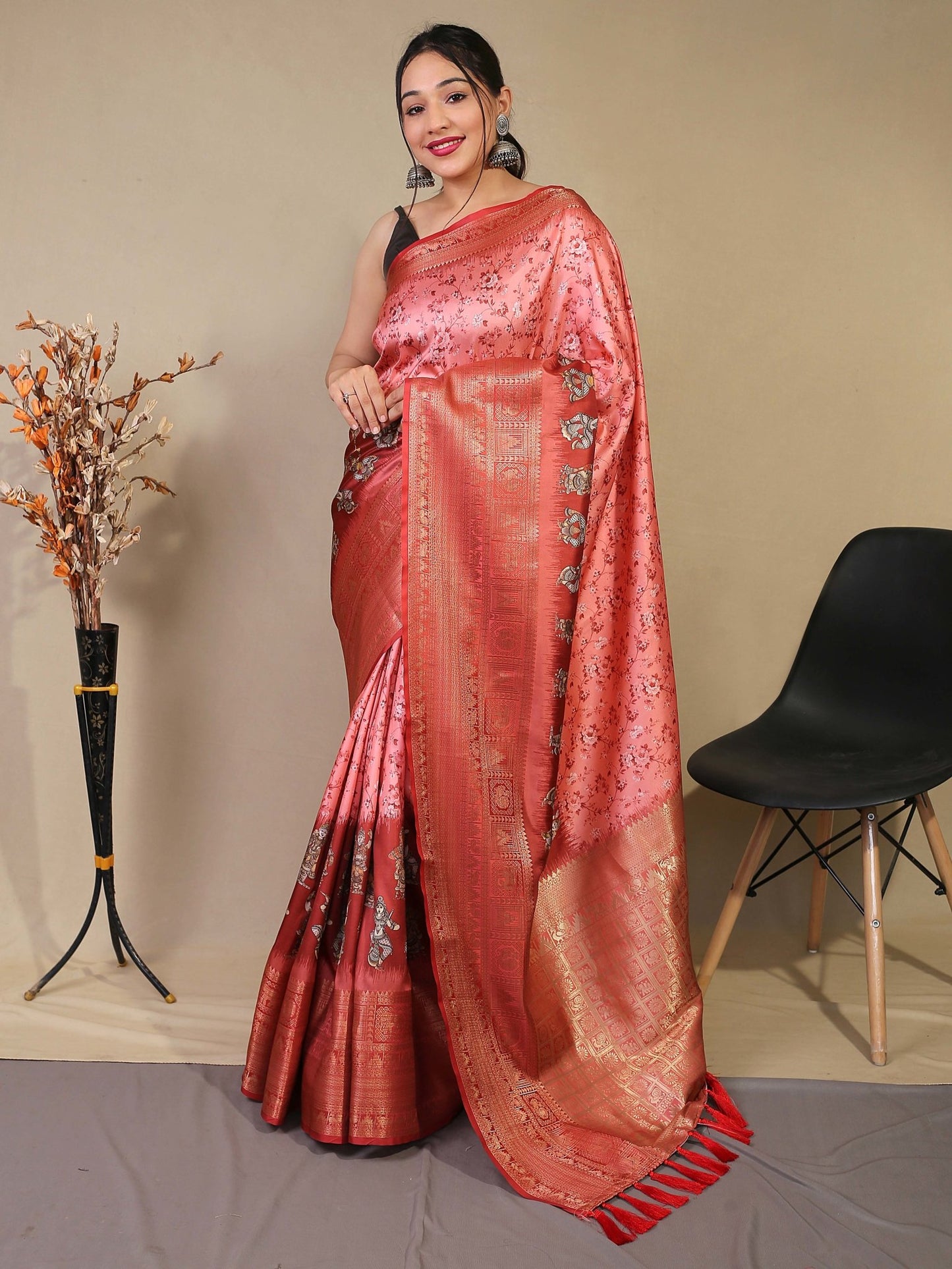 Pure Soft Silk Floral Kalamkari Printed Woven Saree Rose Pink - TASARIKA INDIA