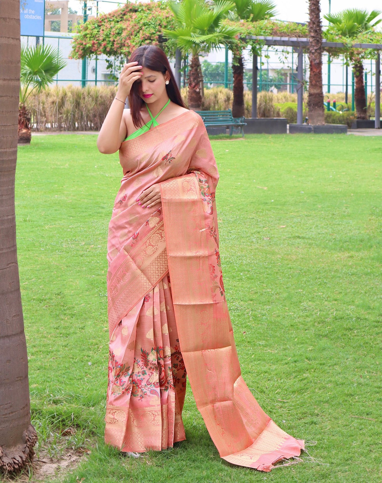 Radha Banarasi Silk Woven Saree with Floral Prints Daisy Pink - TASARIKA INDIA