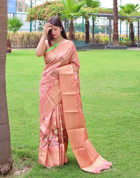 Radha Banarasi Silk Woven Saree with Floral Prints Daisy Pink - TASARIKA INDIA